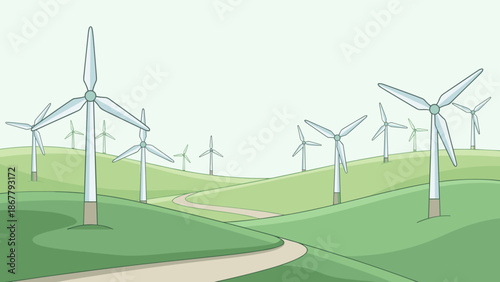 Modern wind turbine farm landscape on green hills. Renewable energy concept. Sustainable power generation. Eco friendly electricity. Nature background. Flat vector illustration.