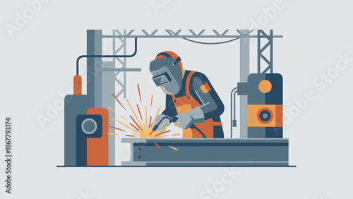 Professional welder in safety mask using torch. Industrial manufacturing concept. Sparks flying. Metalwork construction job. Flat vector illustration. Factory labourer. Metal industry