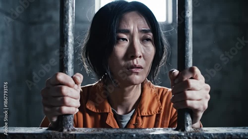 Asian woman in orange jumpsuit behind prison bars and crying, feeling hopeless and despair. Loneliness and suffering in detention concept.