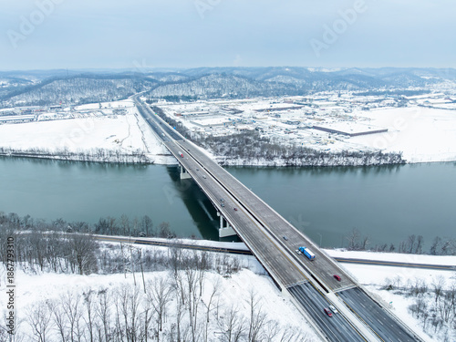 Donald M. Legg and Nitro WWI Memorial Bridge - Snowy Winter Landscape + Kanawha River - West Virginia