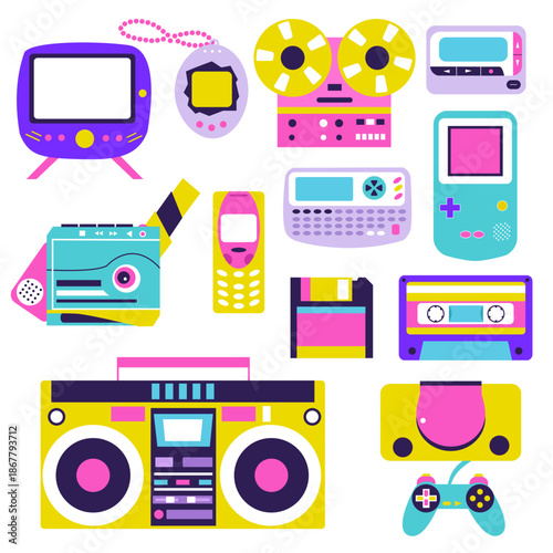 Retro 90s Technology Gadget Collection Flat Vector Illustration on White Background. Nostalgic Vintage Electronics Set