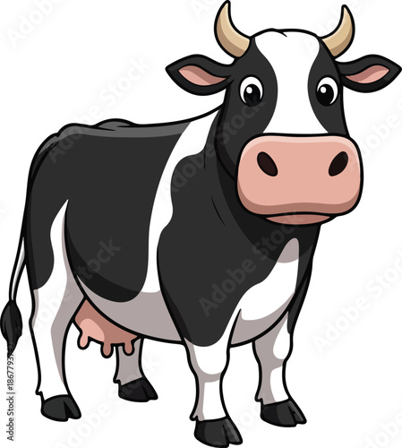 A cartoon cow with a black and white coat and pink nose stands facing forward against a clean white background.
