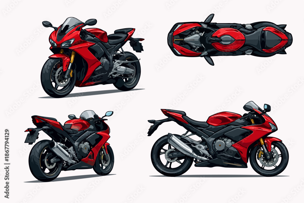 Obraz premium Red Sport Motorcycle Multi Angle Vector Set