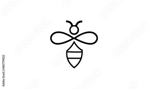 Minimalist black outline drawing of a bee on a white background.