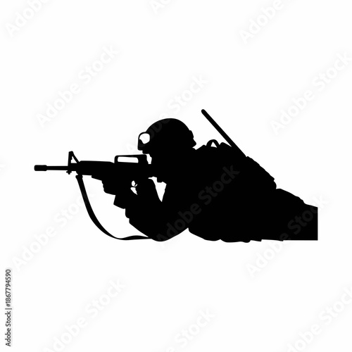 silhouette of a soldier aiming on a white background