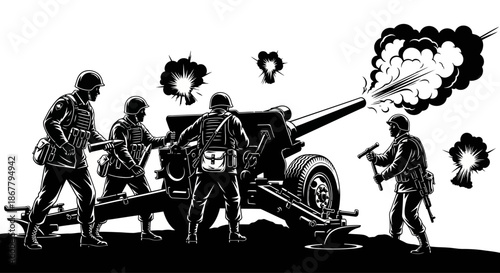 Soldiers Operating Historical Cannon in Action.