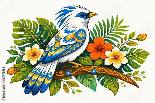 Bali Mynah Bird Illustration with Tropical Floral Pattern