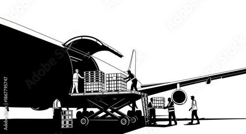 Workers Unloading Cargo from Airplane Cargo Hold.