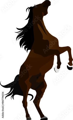 Detailed illustration of a strong brown horse rearing on two legs, with flowing mane and tail, red reins and bridle, clean minimalist style — great for posters, prints, children’s books