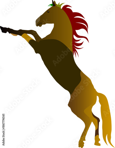 Detailed illustration of a strong brown horse rearing on two legs, with flowing mane and tail, red reins and bridle, clean minimalist style — great for posters, prints, children’s books