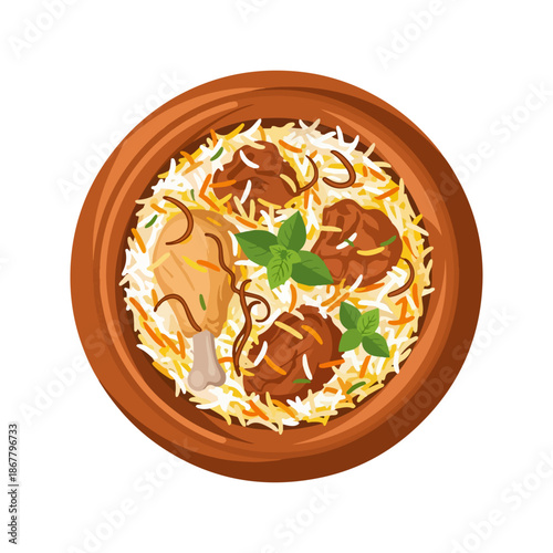 Flat Vector Illustration of Hyderabadi Biryani – Traditional Spicy Rice Dish with Chicken and Aromatic Spices