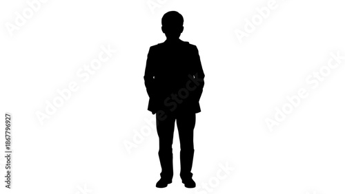 A black silhouette of a man standing with his hands in his pockets