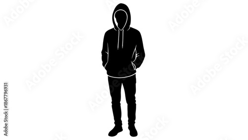 A silhouette of a person wearing a hooded sweatshirt and pants standing