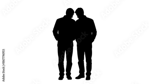 Two men standing side by side in black silhouette on looking confident and strong