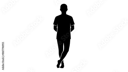 Silhouette of a person walking alone on a plain white surface in a casual pose