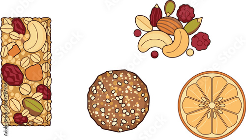 Assorted healthy snacks including trail mix, granola, nuts, fruit, and citrus slices displayed on a white background.