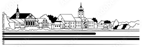 Panoramic view of european town with church and historical buildings