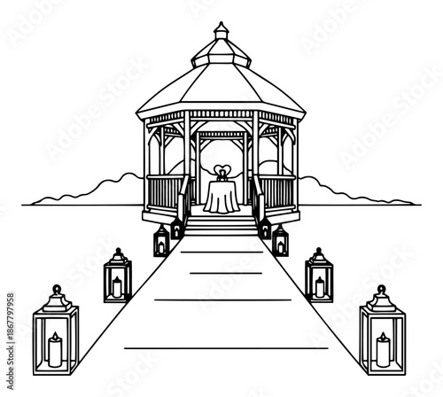 Romantic wedding gazebo with path lined by candle lanterns in outline style
