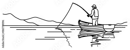 Fisherman standing in a boat fishing on a calm lake with rod