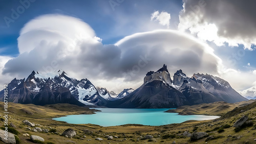 Patagonia landscape with jagged mountains, turquoise glacial lake, and dramatic clouds, natural wilderness scenery