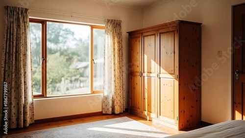 A modestly designed room featuring a wooden wardrobe, patterned curtains, and a large window allowing natural light to pour in.