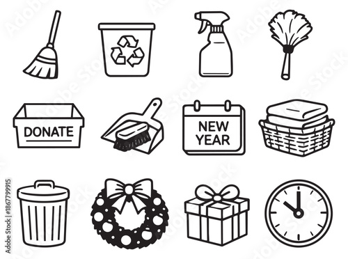Hand drawn line art icons set featuring cleaning tools, a recycling bin, seasonal decorations, and a clock for household tasks and holiday planning
