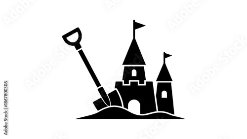 Vector illustration of a classic sandcastle with a shovel, ready for summer fun on transparent background