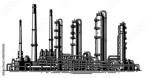 Large industrial oil refinery plant with pipes and chimneys in engraving style