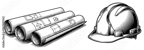 Rolled architectural blueprints and safety hard hat for construction in vintage style