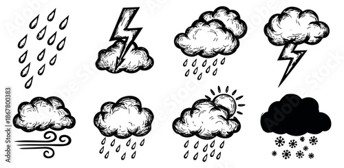 Hand drawn line art weather icons set featuring different meteorological conditions for meteorology and forecast applications