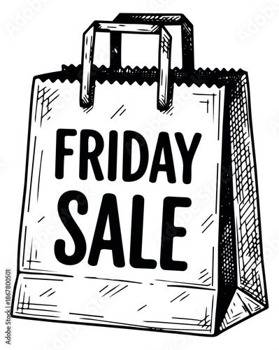 Hand drawn line art illustration of a shopping bag depicting a "Friday Sale" message for retail promotion