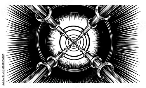 Abstract tunnel or reactor core with speed lines in engraving style