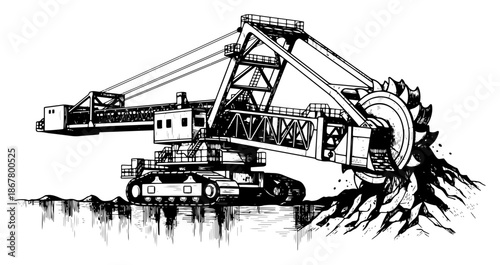 Huge bucket wheel excavator machine mining in a quarry sketch illustration