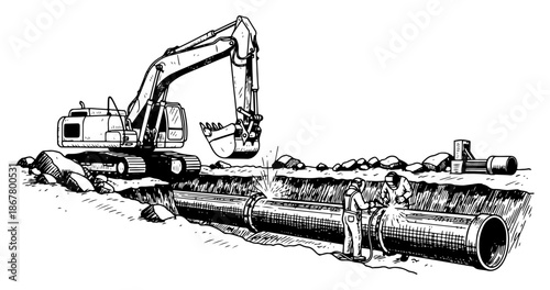 Construction workers welding a pipeline near an excavator in a trench sketch