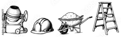 Construction equipment set with concrete mixer wheelbarrow and ladder