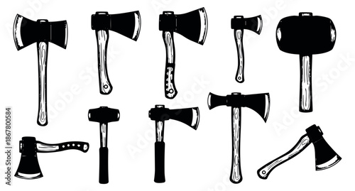 Hand drawn line art axes and mallets set featuring various designs for carpentry and lumberjack themes