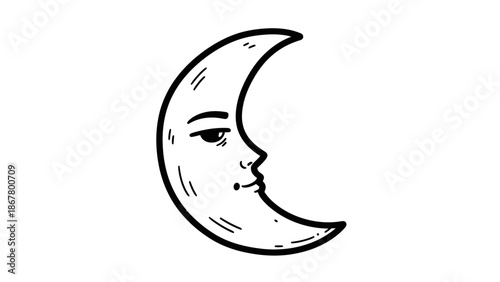 Hand Drawn Crescent Moon Face Illustration.