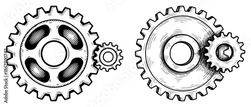 Mechanical gear wheels and cogs mechanism in engraving style