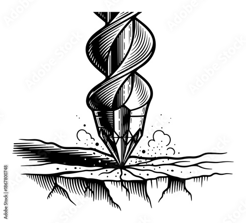 Large industrial drill bit penetrating the cracked ground surface