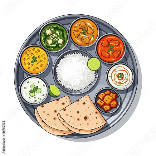 Flat Vector Illustration of North Indian Thali – Traditional Platter with Diverse Indian Dishes