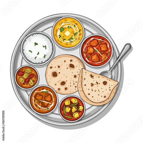 Flat Vector Illustration of North Indian Thali – Traditional Platter with Diverse Indian Dishes