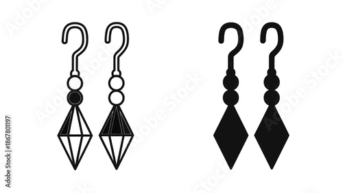 Vector illustration of stylish faceted and solid diamond-shaped earrings, on transparent background