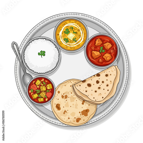 Flat Vector Illustration of North Indian Thali – Traditional Platter with Diverse Indian Dishes