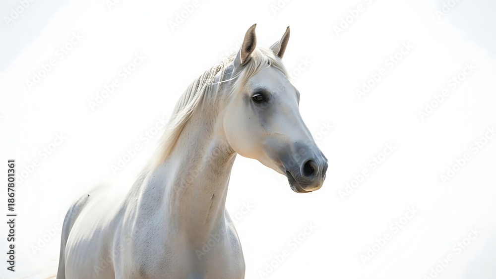 Fototapeta premium Ethereal Arabian Horse: A majestic Arabian horse, with its elegant profile and flowing mane, stands out against a bright background, radiating grace and power.