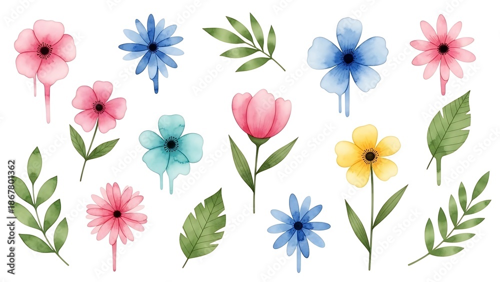 Fototapeta premium Floral Elegance: A curated assortment of delicate, hand-painted watercolor blossoms. With a gentle touch of artistry. These flowers and green leaves arranged for creating elegant visual appeal 