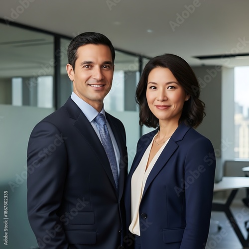 Professional couple standing together in a modern office environment