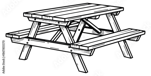 Hand drawn line art illustration of a picnic table depicting a wooden outdoor bench for recreational activities