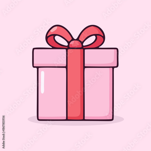 A charming cartoon illustration of a pink gift box adorned with a red ribbon and bow