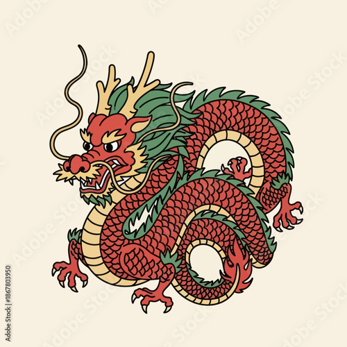 Vibrant Red Dragon Illustration with Green Accents and Golden Details.