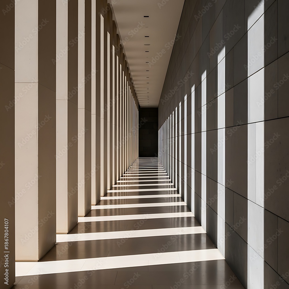 Fototapeta premium Architectural Shadows in Modern Hallway, Contemporary Design, Interior, Minimalist Aesthetic, Natural Light Play